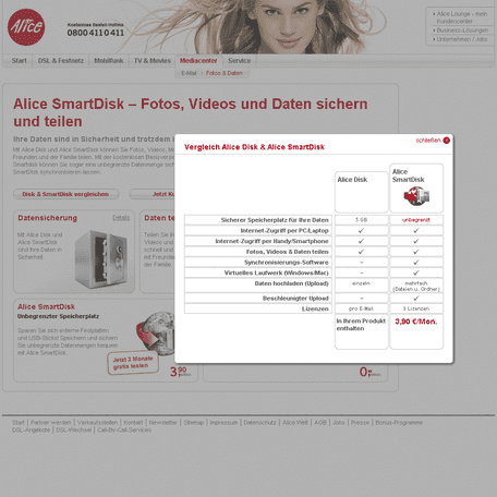 Screenshot of the Alice SmartDisk landingpage
