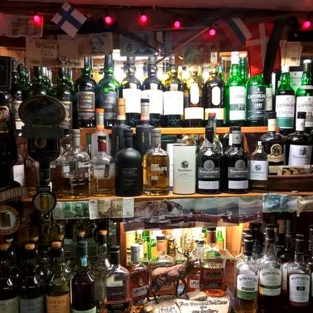 A range of spirits in the pub of the Port Askaig Hotel