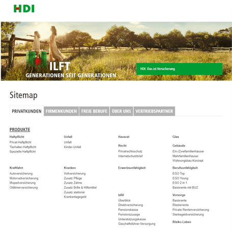 Screenshot of a part of the sitemap of HDI.de